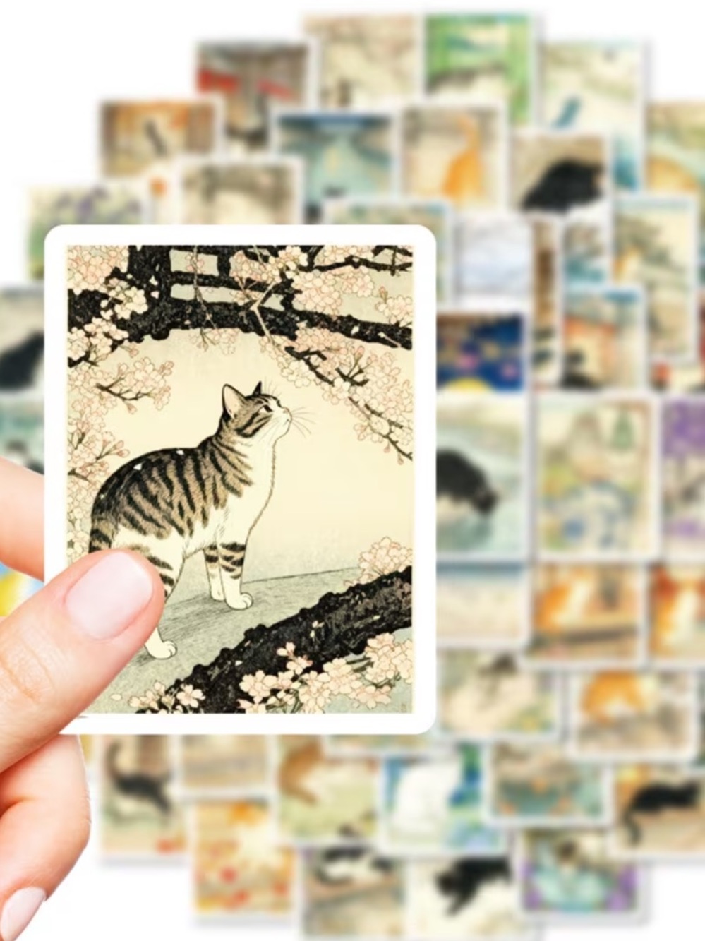 50 Japanese Style Cat Stickers Vintage Botanical Journal Scrapbook Set Woodblock